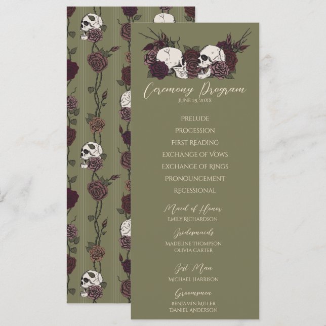 Cartão de Programa de Casamento em Verde Oliva Flo (Frente/Verso)