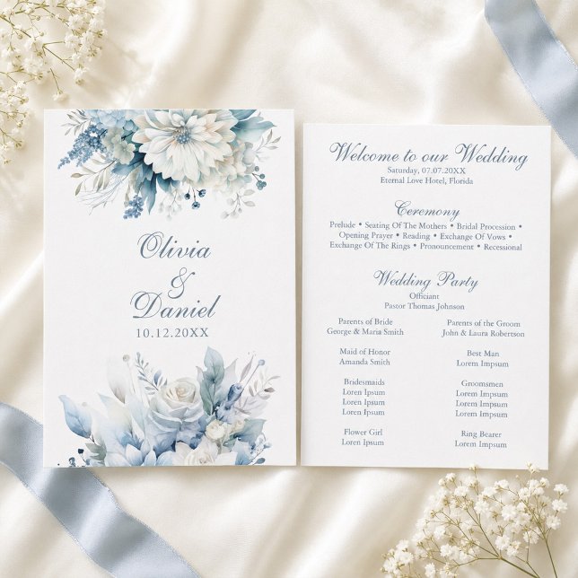 Cartão de Programa de Casamento Flor Silvestre Azu (Dusty Blue Wildflower Wedding Program Card)