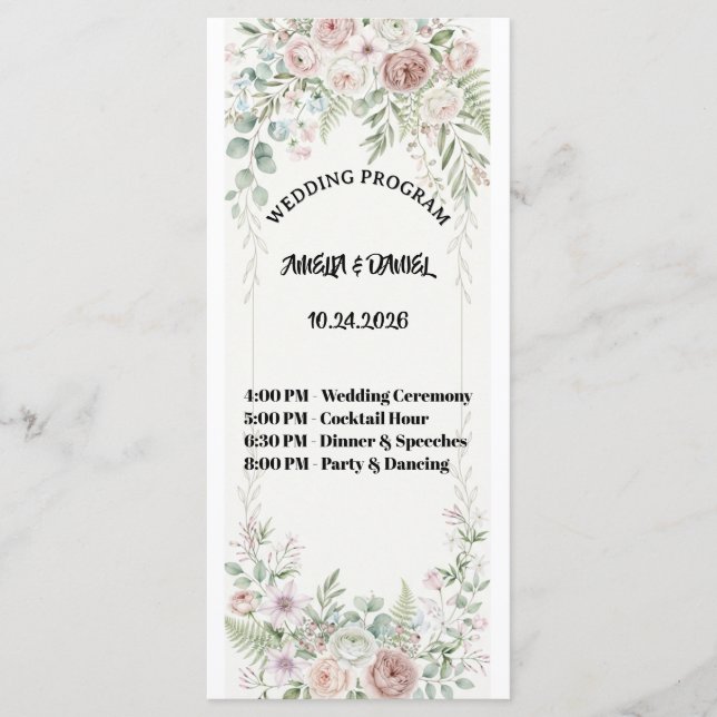 Cartão de Programa de Casamento Floral Azul Empoei (Frente)