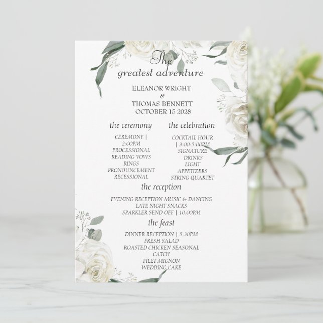 Cartão de Programa de Casamento Floral Branco Eleg (Em pé/Frente)
