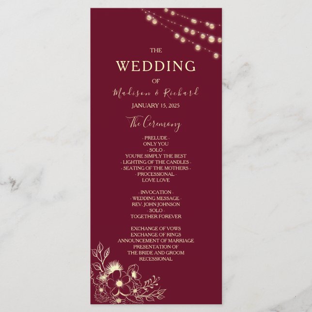 Cartão de Programa de Casamento Floral Dourado Bor (Frente)