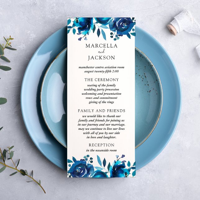 Cartão de Programa de Casamento Floral Índigo (Criador carregado)