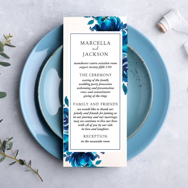 Cartão de Programa de Casamento Floral Índigo (Criador carregado)