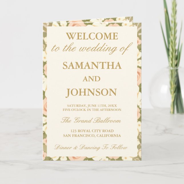 Cartão de Programa de Casamento Floral Marfim Vint (Frente)