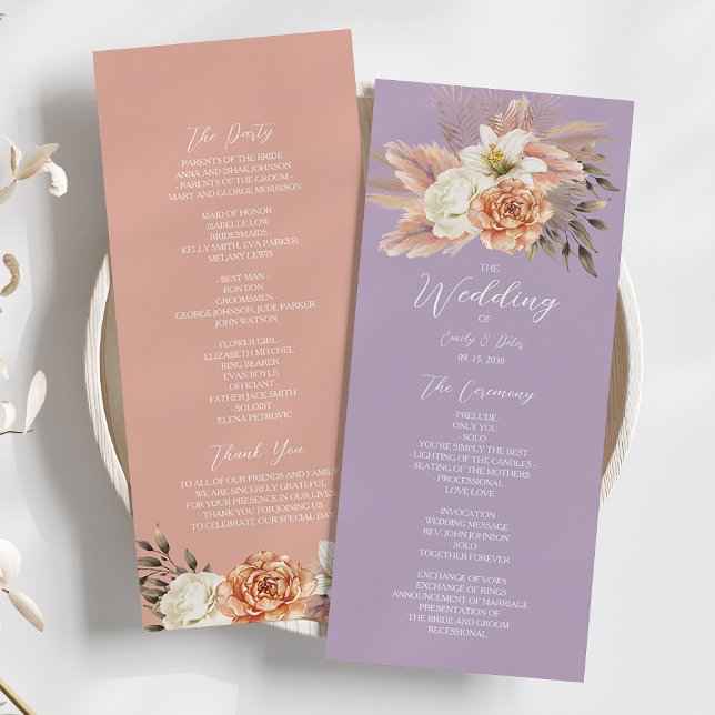 Cartão de Programa de Casamento Floral Rosa e Roxo (Criador carregado)