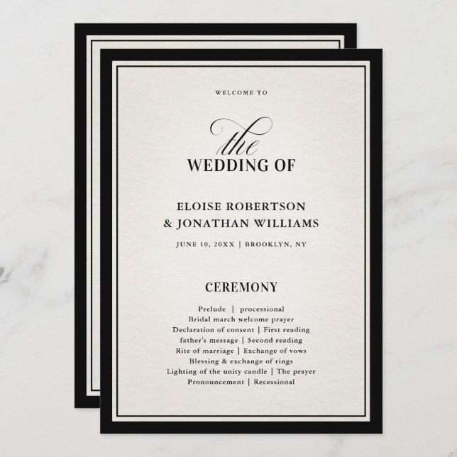 Cartão de Programa de Casamento Formal Preto Dinhe (Frente/Verso)