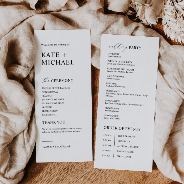 Cartão de Programa de Casamento Preto e Branco Ele (Minimalist Black and White Wedding Program)
