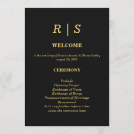Cartão de Programa de Casamento Preto e Dourado de