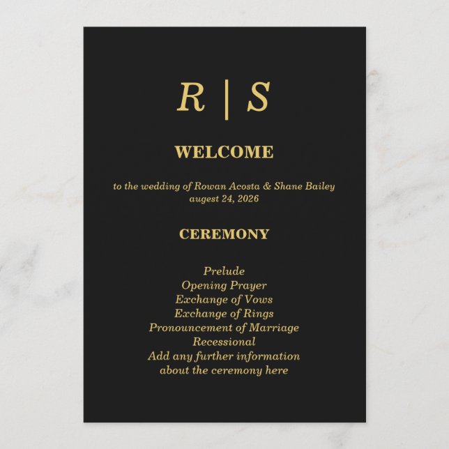 Cartão de Programa de Casamento Preto e Dourado de (Frente)