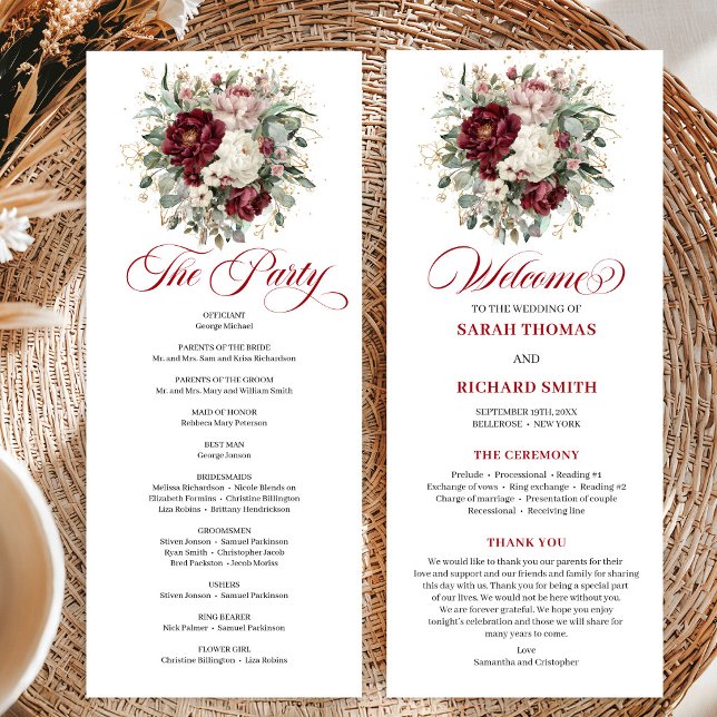 Cartão de Programa de Casamento Rosa Bege Burgundy (Chic Blush Burgundy Gold Wedding Program Card)