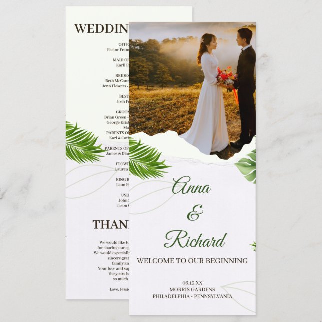 Cartão de Programa de Casamento Tropical Romântico (Frente/Verso)