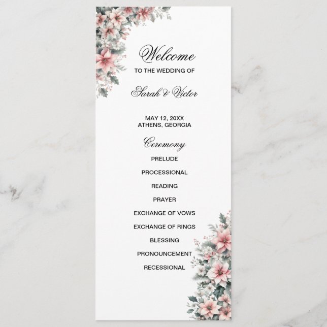 Cartão de programa de dupla face Poinsettia rosa (Frente)