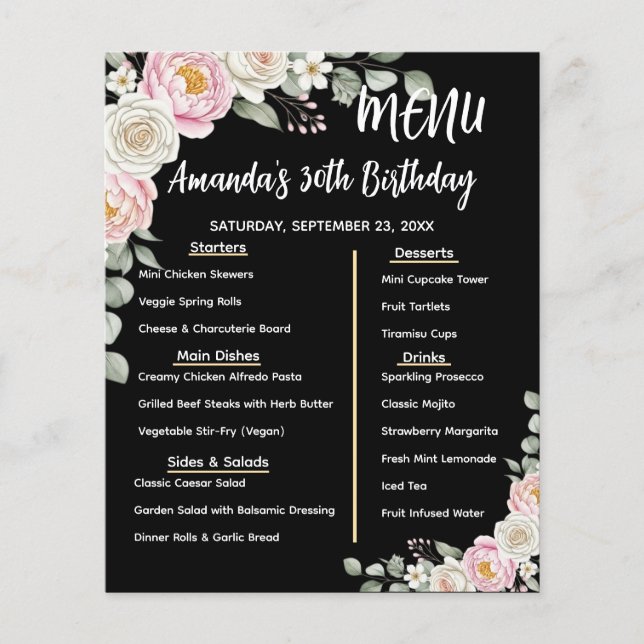 Cartão de Programa de Menu de Aniversário Personal (Frente)