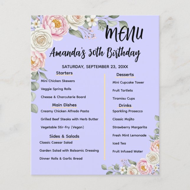 Cartão de Programa de Menu de Aniversário Personal (Frente)