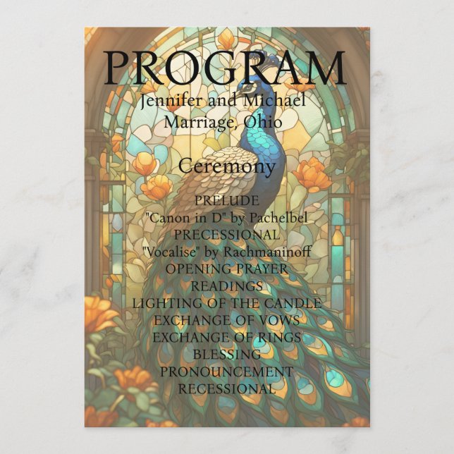 Cartão de Programa de Vidro Pintado Casamento Pavã (Frente)