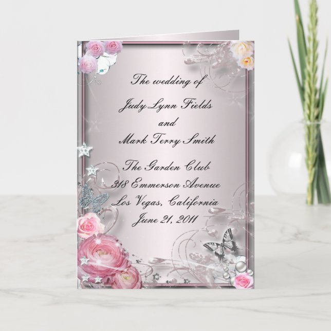 Cartão de Programa Floral e Borboleta Rosa (Frente)