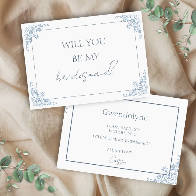 Cartão de Proposta Azul-Chic e White Bridesmaid (Elegant blue and white shabby chic chinoiserie will you be my bridesmaid bridal proposal card)