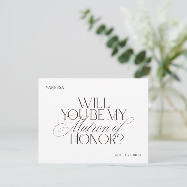 Cartão de Proposta de Dama de Honra Branco Elegant (Em pé/Frente)