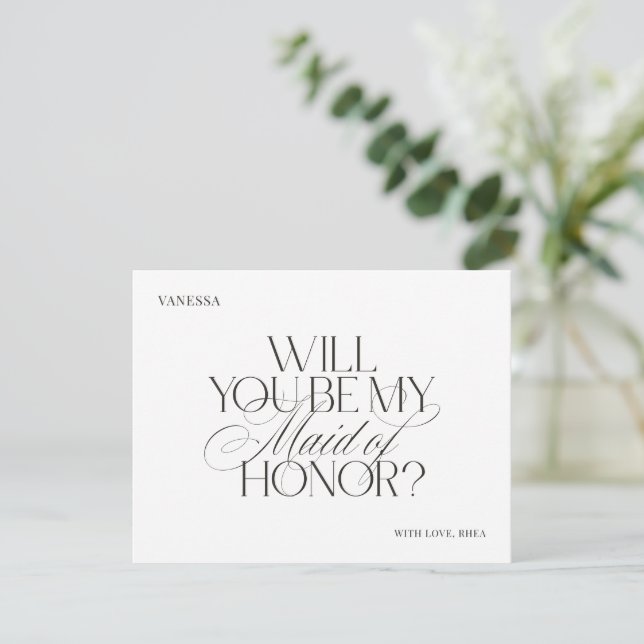 Cartão de Proposta de Dama de Honra Branco Elegant (Em pé/Frente)