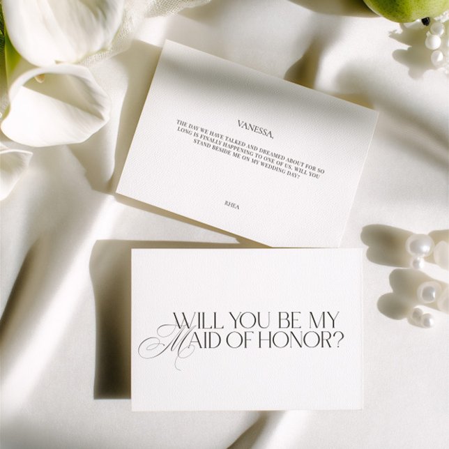 Cartão de Proposta de Dama de Honra Branco Moderno (Elegant Modern White Maid of Honor Proposal Card)