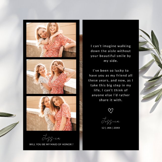 Cartão de Proposta de Dama de Honra com 3 Fotos em (Photo Strip 3 Pictures Bridesmaid Proposal Card)