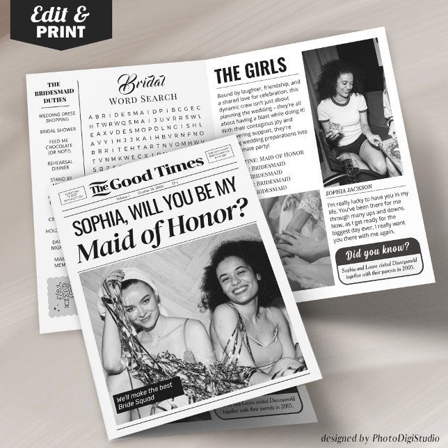 Cartão de Proposta de Dama de Honra de Jornal de C (Fun Wedding Newspaper Maid of Honor Proposal Card)