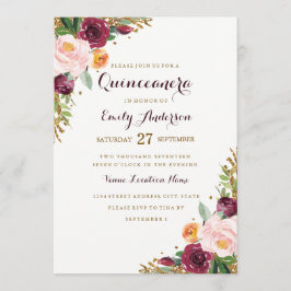 Cartão de Quinceanera com Brilho Floral Dourado Bo