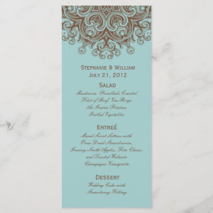 Cartão de Rack do Menu Casamento Marrom e Aqua