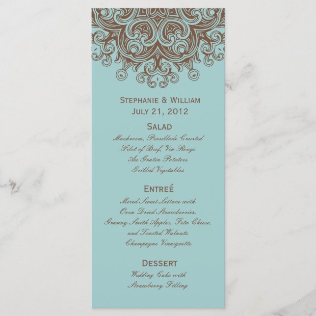 Cartão de Rack do Menu Casamento Marrom e Aqua (Frente)