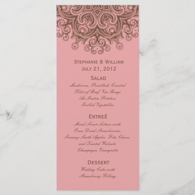 Cartão de Rack do Menu Casamento Rosa e Castanho (Frente)
