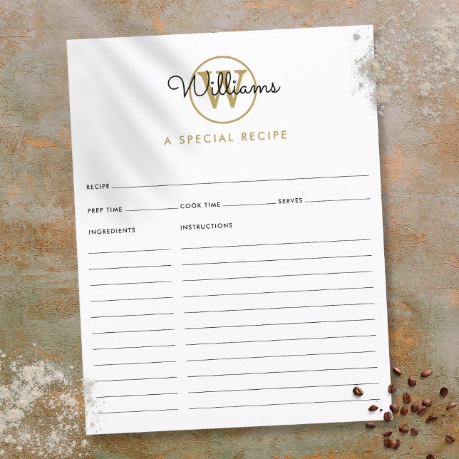 Cartão de Receita com Nome em Letra de Forma Monog (Gold Monogram Script Name Recipe Card)