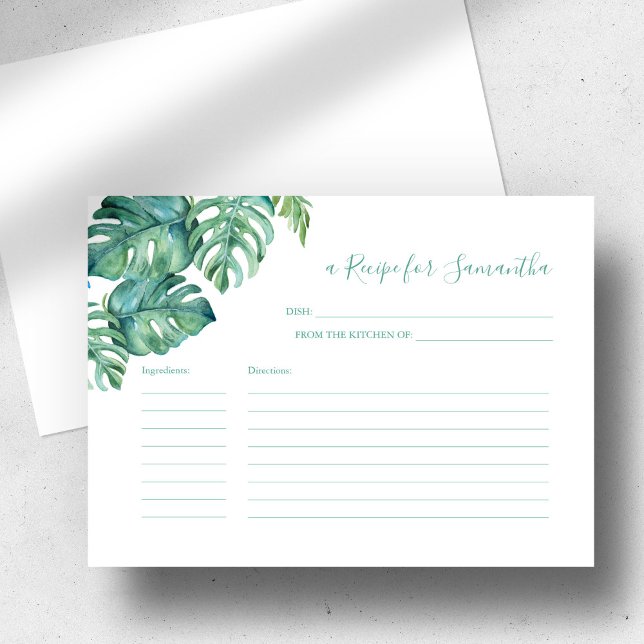Cartão de Receita Cores Aquáticas Tropica Monstera (Bridal shower recipe card invitation insert watercolor tropical palm leaves art Do Tell A Belle)