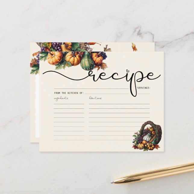 Cartão de Receita de Abóbora Boho em Aquarela (Frente/Verso In Situ)