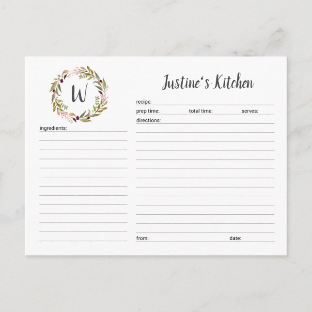 Cartão de receita de água verde monograma (Frente)