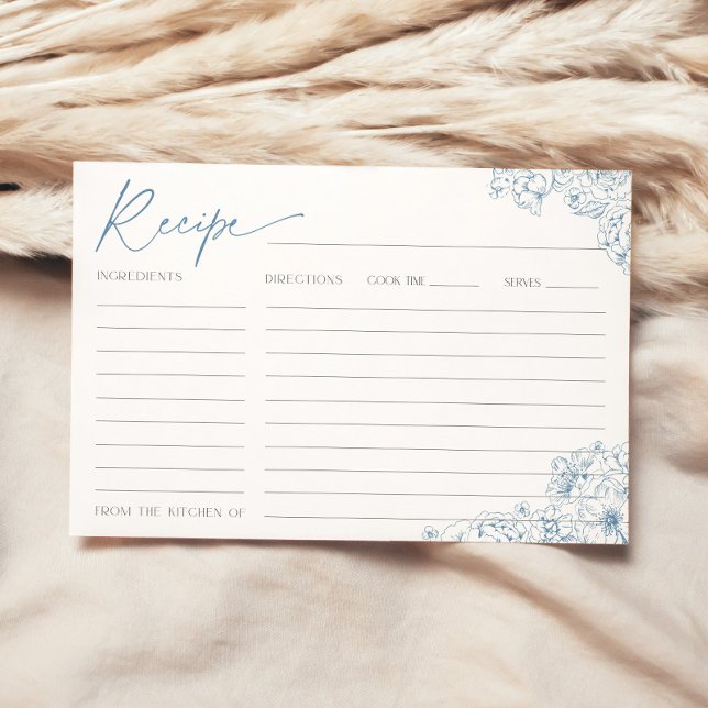Cartão de Receita de Brida Azul Elegante de Toile  (Recipe card with blue floral toile de jouy pattern for an french elegant bridal shower)