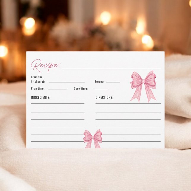 Cartão de Receita de Chá de Noiva com Laço Rosa de (Cute Coquette Pink Bow Bridal Shower Recipe Card)