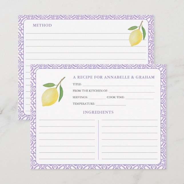 Cartão de Receita de Chá de Noiva com Texto Roxo d (Frente/Verso)