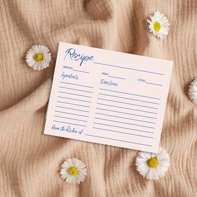 Cartão de Receita de Chá de panela Azul-Chic Escri (Handwritten Chic Blue Bridal Shower Recipe Card)