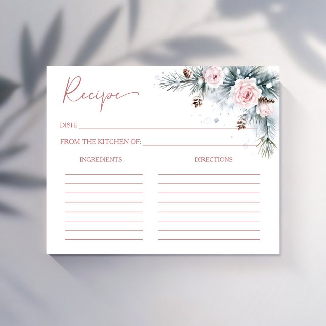 Cartão de receita de chá de panela de pinheiro de  (Winter bridal shower recipe cards snowy pines blush pink roses recipe cards)