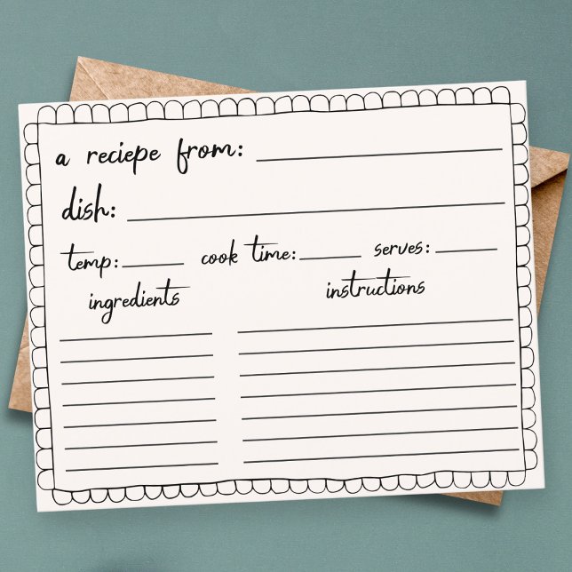 Cartão de receita de chá de rosca desenhada à mão (hand drawn doodle scallop border recipe card bridal shower card wedding shower games activities)