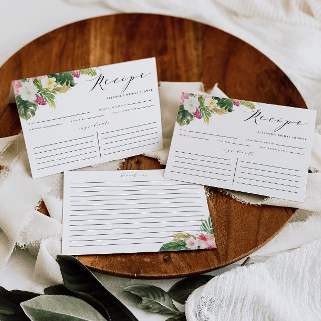 Cartão de Receita de Chuva de Flores Tropicais em  (Customizable tropical bridal shower recipe card featuring watercolor hibiscus, flowers and greenery.)