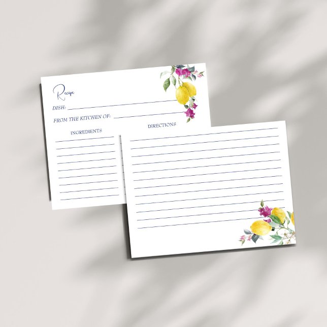 Cartão de receita de citrinos de limões italianos  (Vintage Italian lemons bougainvillea citrus bridal shower recipe card)