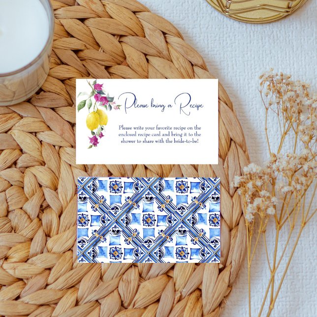 Cartão de receita de citrinos de limões italianos  (Vintage Italian maiolica blue tiles lemons bougainvillea citrus bridal shower recipe request card)