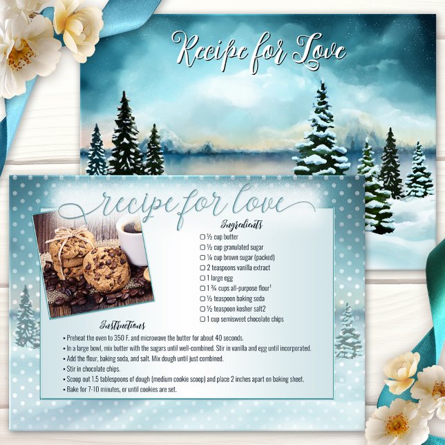 Cartão de Receita de Foto da Terra Maravilha de in (Bridal photo recipe card featuring a watercolor painting of a winter wonderland landscape)