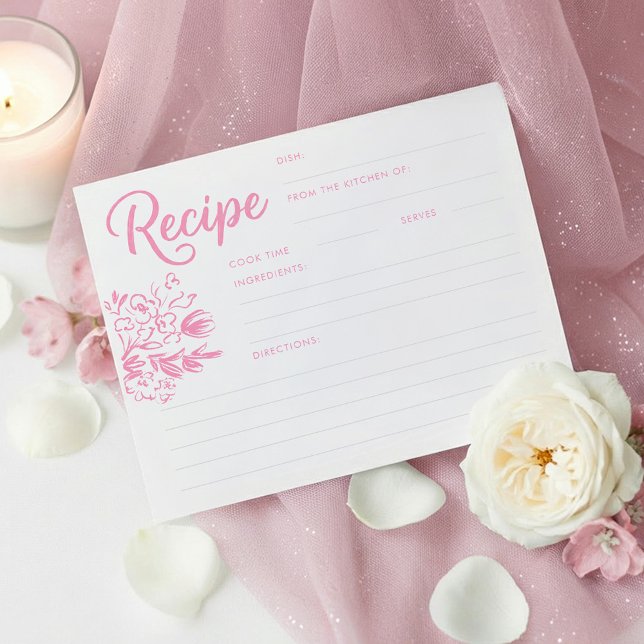 Cartão de Receita de Noivado Caprichoso Rosa (Pink Whimsical Hand Drawn Floral Bridal Shower Recipe Cards)