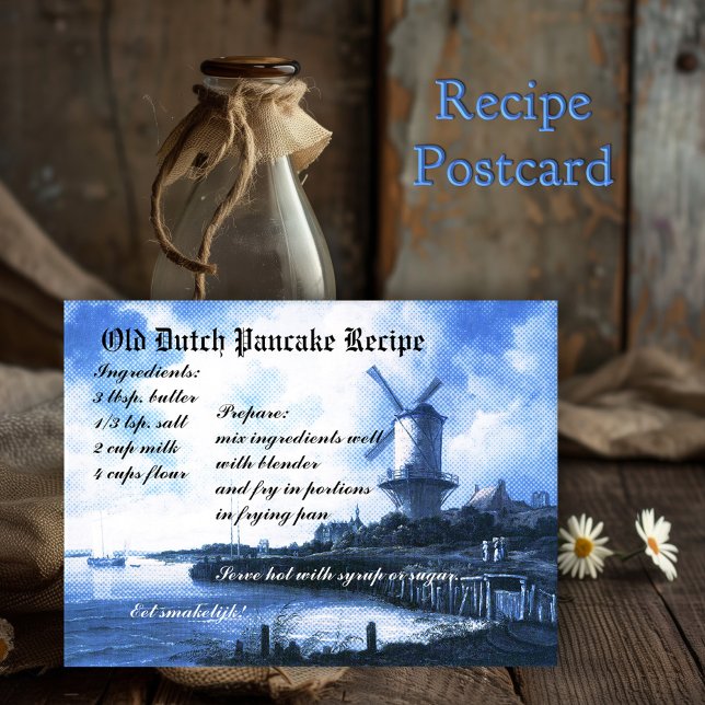 Cartão de Receita de Pancake Holandês Antigo (Postcard in blue antique Dutch tile style (based on a Ruysdael painting) with a pancake recipe)