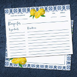 Cartão de Receita do Chá de panela Azul-Limão Ital<br><div class="desc">Um azulejo azul italiano Bonito e um cartão de receitas de casamento. Divertido para os hóspedes encherem e trazerem uma receita para o chá de panela. Projetado para você pelo Blackberry Boulevard.</div>