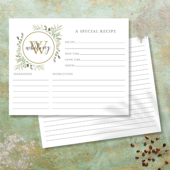Cartão de Receita Dourada Monograma de Script Eleg (Elegant Script Gold Monogram Greenery Recipe Card)