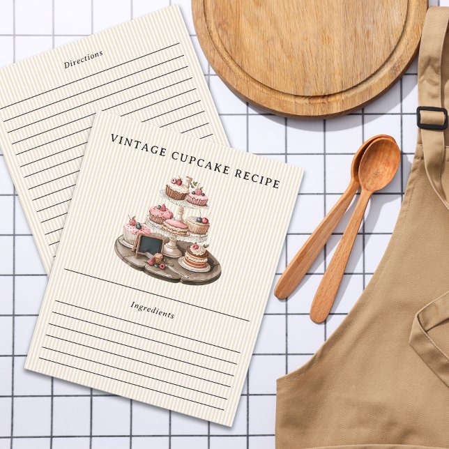 Cartão de Receita Listrado de Bolo de Cupcake Vint (Elegant Vintage Cupcake Pastry Striped Recipe Card)