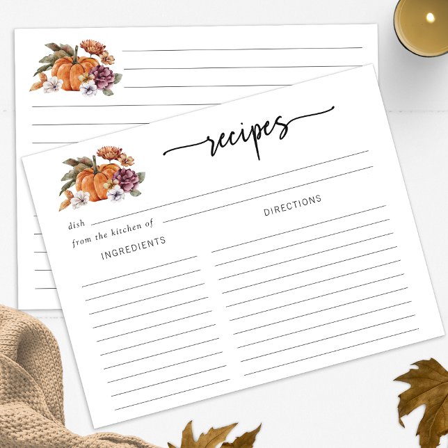 Cartão de Receita para Chá de Noiva (Fall Pumpkin Floral Bridal Shower Recipes Card by Painted Paperie
)